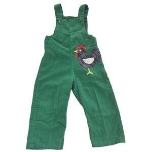 Vintage Green Corduroy Baby Overalls Rooster Plaid Appliqué Snap Legs 12-18 M T2